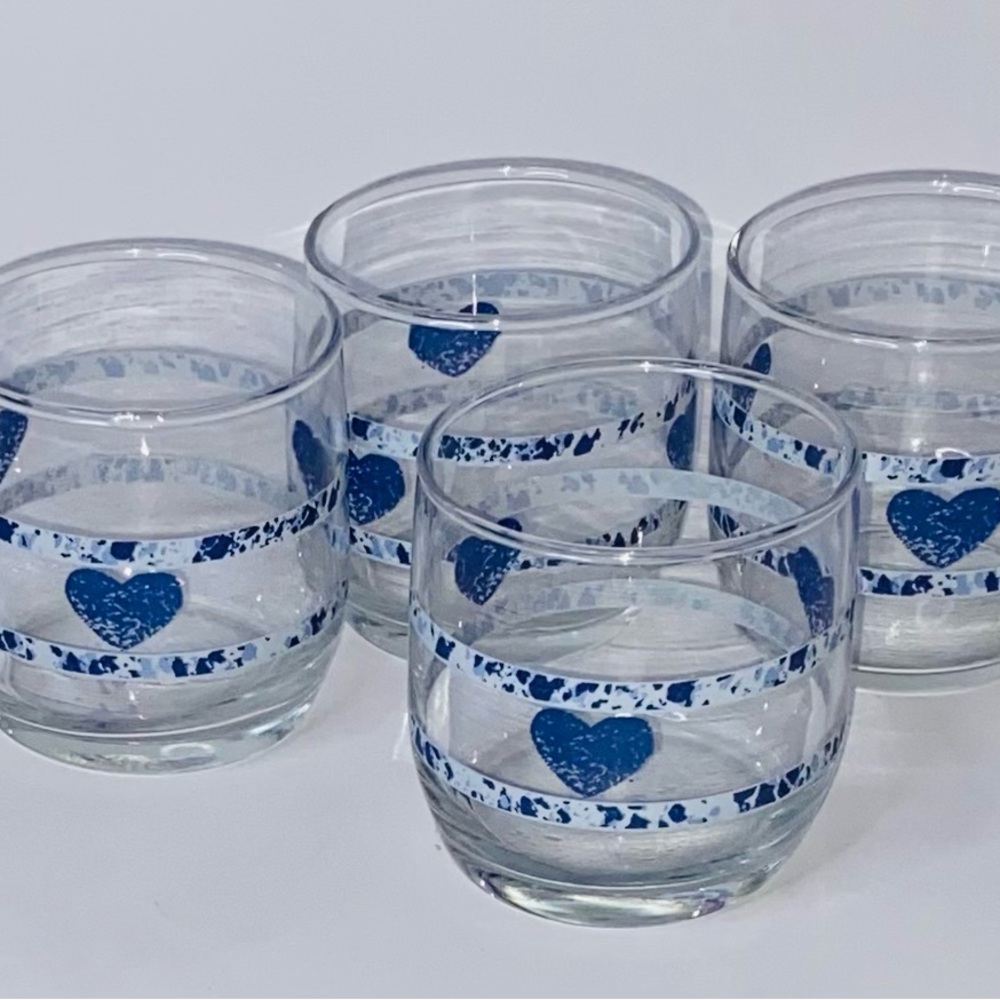 Vintage - Anchor Hooking - Cobalt Blue Hearts - Juice Glasses Set of 4 -3”T